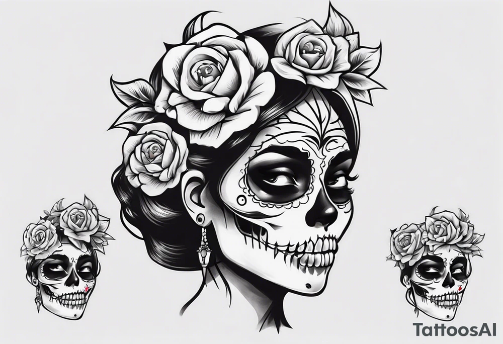 Catrina head with between teeth, from side tattoo idea Catrina head with between teeth, from side tattoo idea