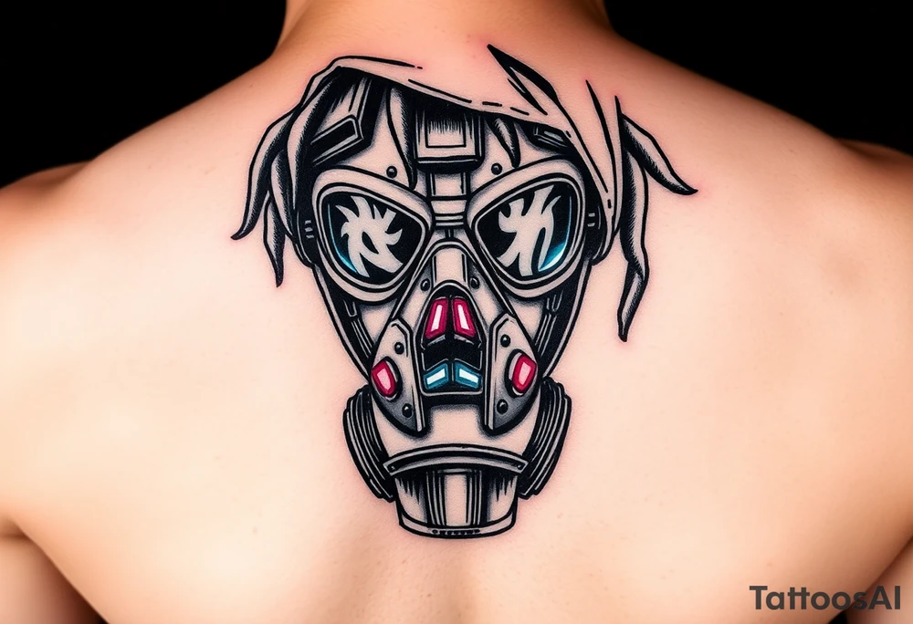 Tech-Nomad Mask
A stylized, worn-out respirator or gas mask, modified with neon lights and HUD displays.
Dreadlocks or a tattered hood for a post-apocalyptic feel.
A mix of traditional shading with futuristic digital glows. tattoo idea