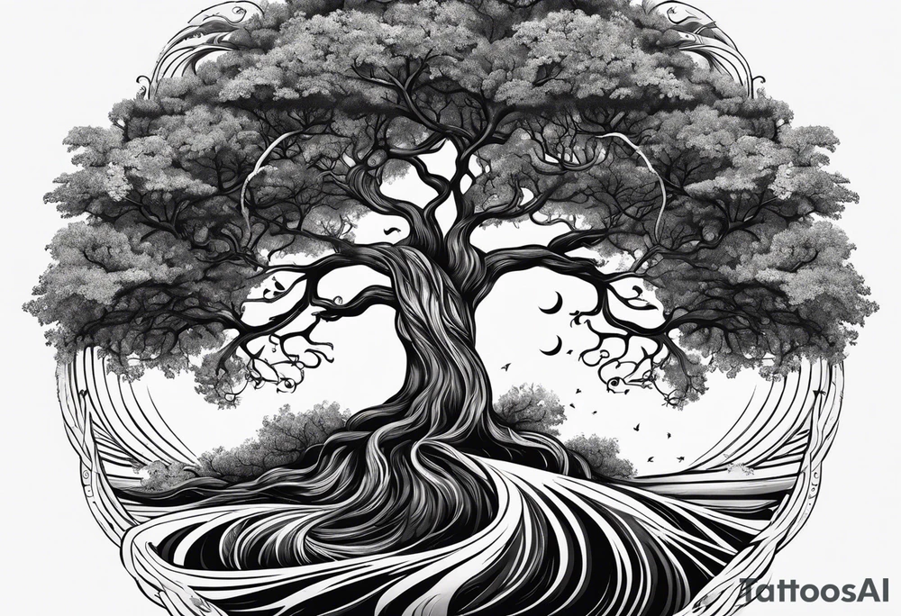 tree of life with roots growing around calming waves for forearm tattoo idea
