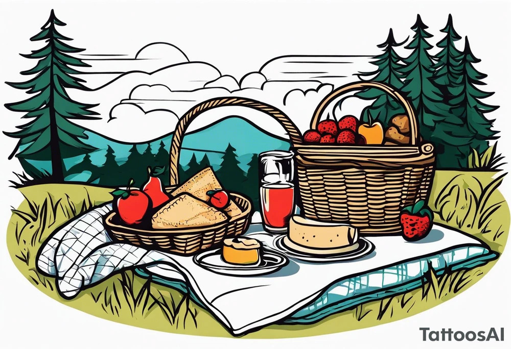 picnic scene in nature with a shecker blanket, a picnic basket and pillows. no food tattoo idea