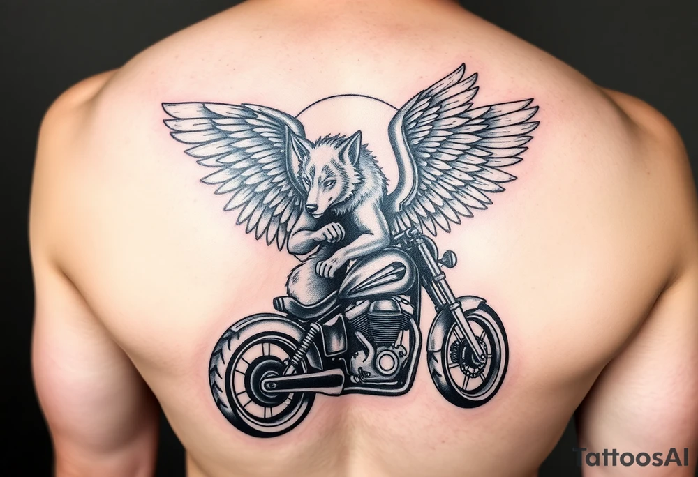 guardian angel wolf on a motorcycle tattoo idea
