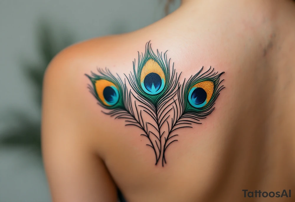 A trio of peacock feathers in deep emerald green, royal blue, and gold, elegantly fanned out to represent beauty, pride, and individuality. tattoo idea