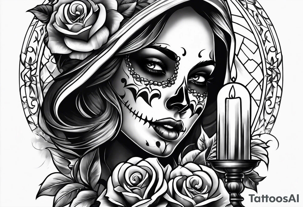 Skull and candle woman's face above tattoo idea