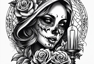Skull and candle woman's face above tattoo idea