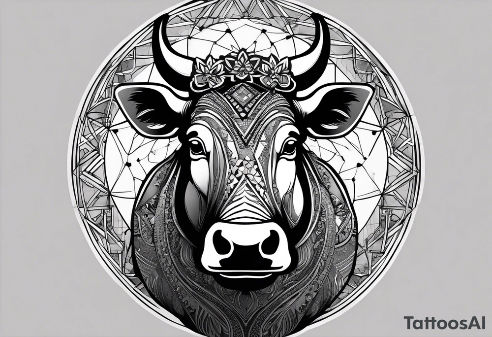 Very asymmetrical, +geometric pattern, with realistic full moon, with hippo,+tribal, +geometric, +inkart , +blackwork, +grey scale, + sketch
with wintersweet flower bud, +for men, detailed layering , modify from my favourites , dont look like a cow tattoo idea