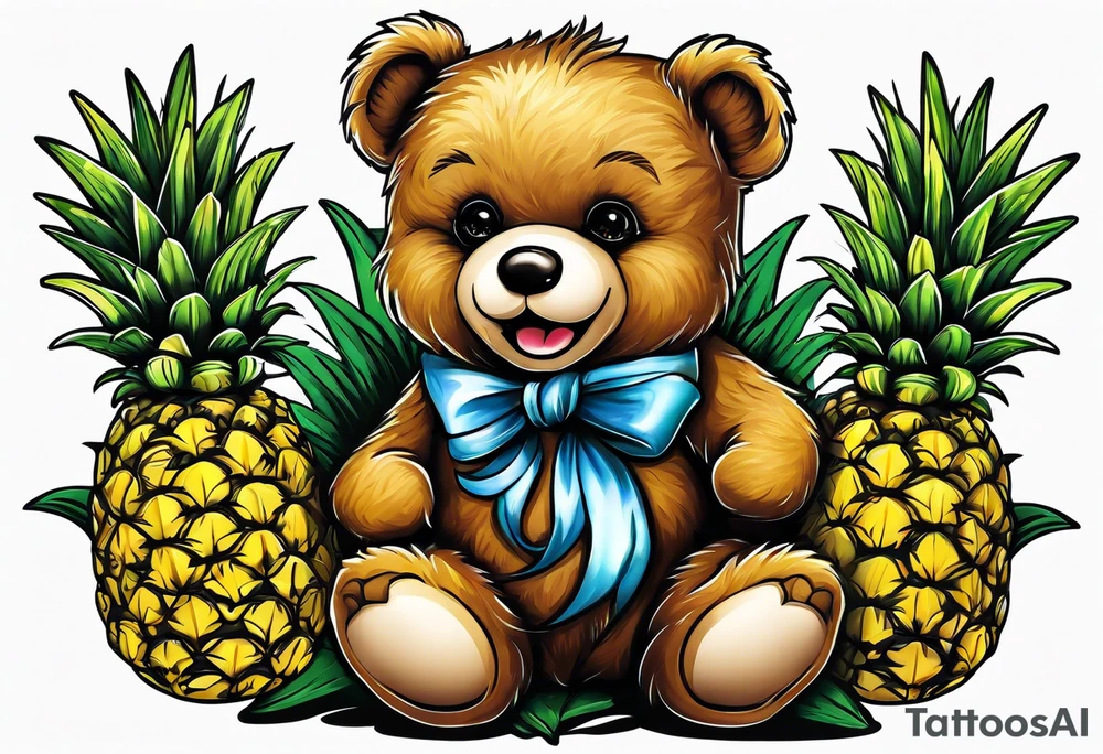 Teddy Bear biting pineapples tattoo idea