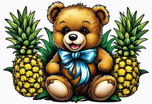 Teddy Bear biting pineapples tattoo idea