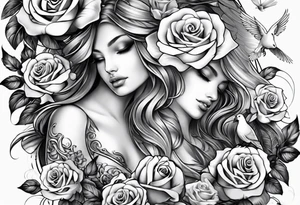 unique full leg sleeve with roses doves cross and patters tattoo idea