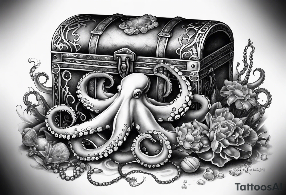 Octopus and crab with treasure box full of jewels tattoo idea