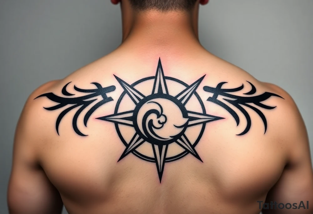 A sharp edged rip curl wave inside of a compass rose tattoo idea