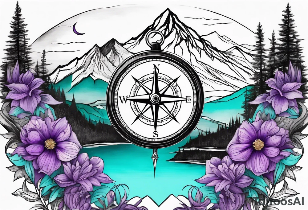 Compass behind a mountain with purple and teal sky, and purple and teal flowers in the foreground tattoo idea