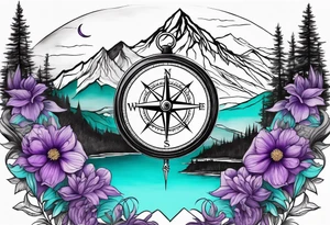 Compass behind a mountain with purple and teal sky, and purple and teal flowers in the foreground tattoo idea