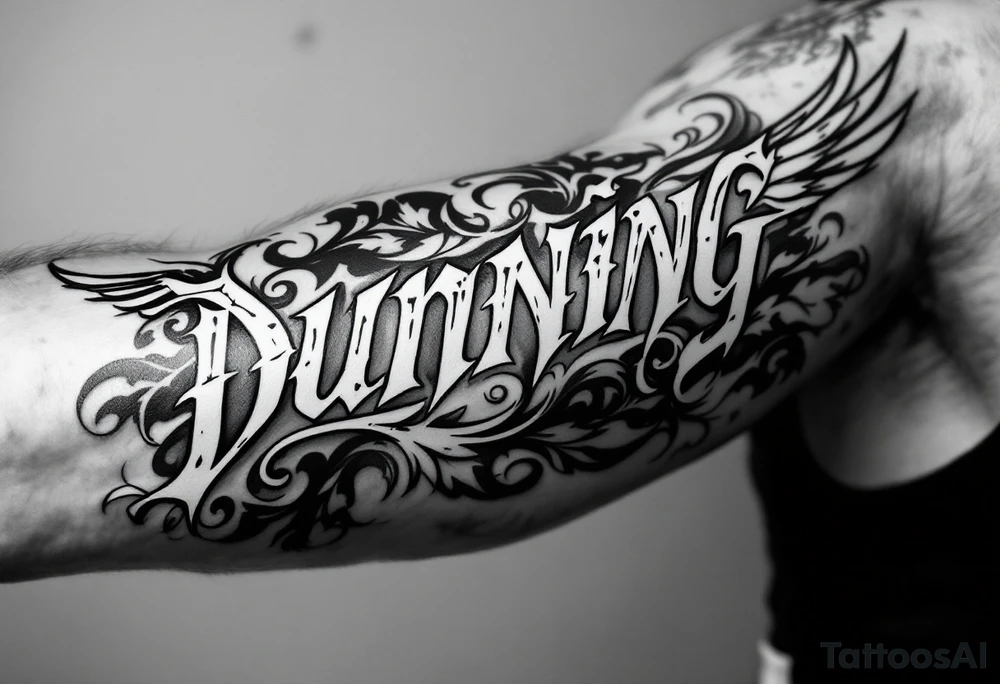 Dunning, left forearm details include angel wing, greek type of font,jungle leaves , tiger claw scratch tattoo idea