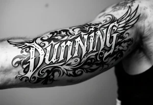 Dunning, left forearm details include angel wing, greek type of font,jungle leaves , tiger claw scratch tattoo idea