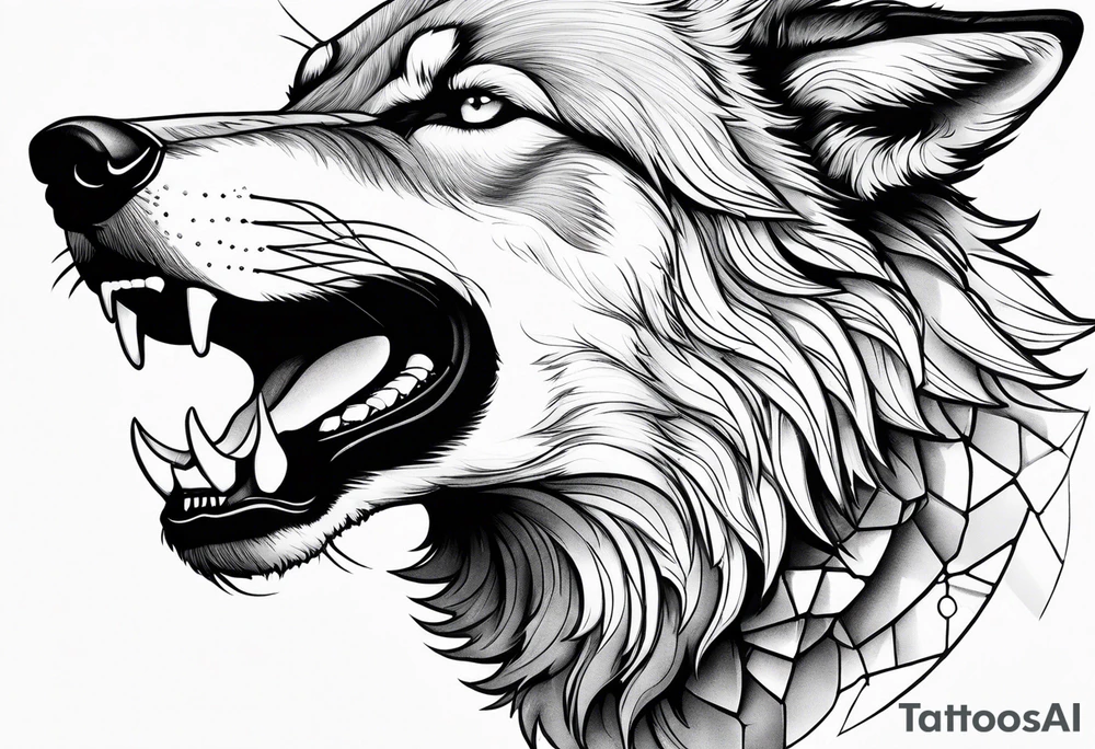 realistic style fenrir wolf in profile, include in it's forehead a diamon shape of hair (and some kind of armor) tattoo idea