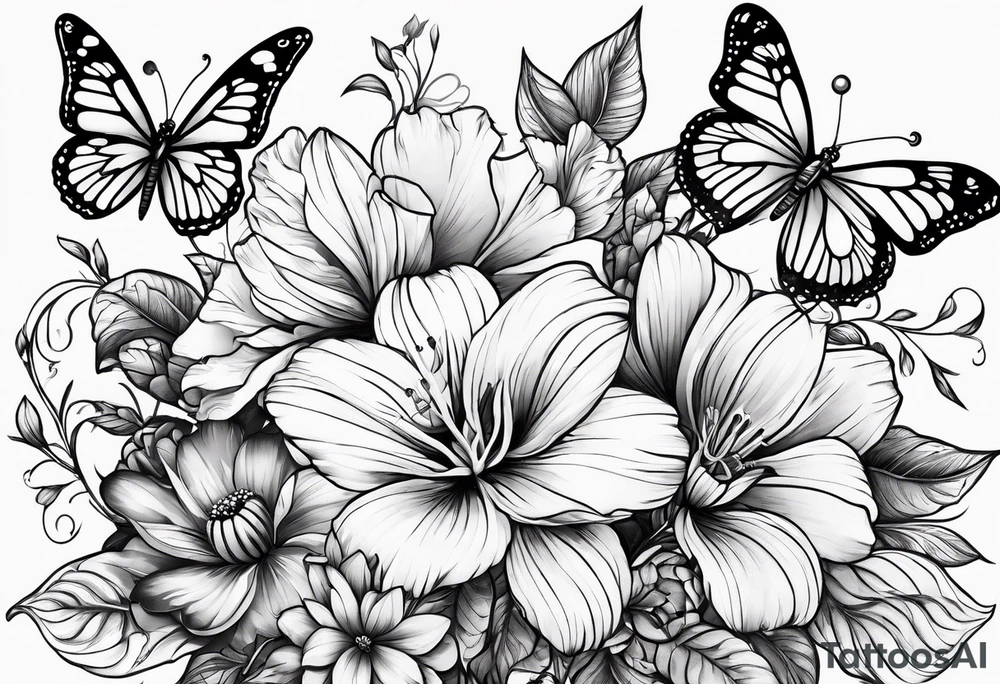 Flowers with "Ruby" and butterflies around it tattoo idea