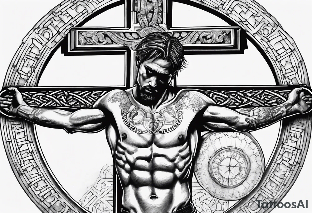 Crucified man in rom
an numerals circle tattoo idea