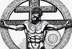 Crucified man in rom
an numerals circle tattoo idea