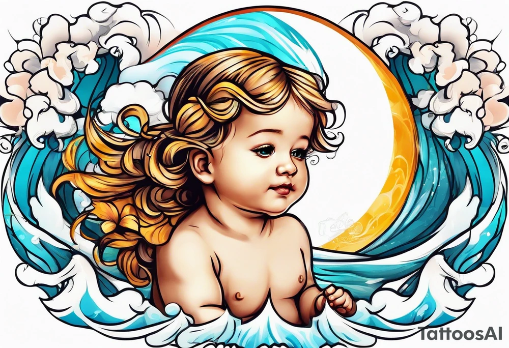 Wave and baby angel tattoo idea