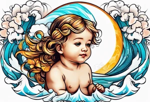 Wave and baby angel tattoo idea