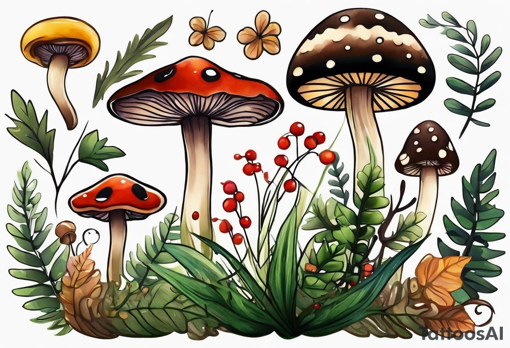 forest floor inspired minimalist tattoo, which includes grass, curly ferns, moss and dead leaves as the bulk of the tattoo. details to include: forest berries, a tiny bumblebee flying nearby, three small brown mushrooms
Generate a vertically long one tattoo idea