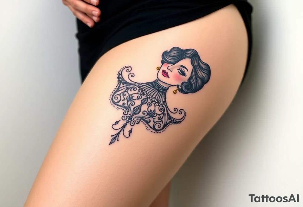 Art deco woman with elaborate filigree, BDSM collar, thigh tattoo. tattoo idea