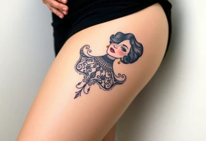 Art deco woman with elaborate filigree, BDSM collar, thigh tattoo. tattoo idea