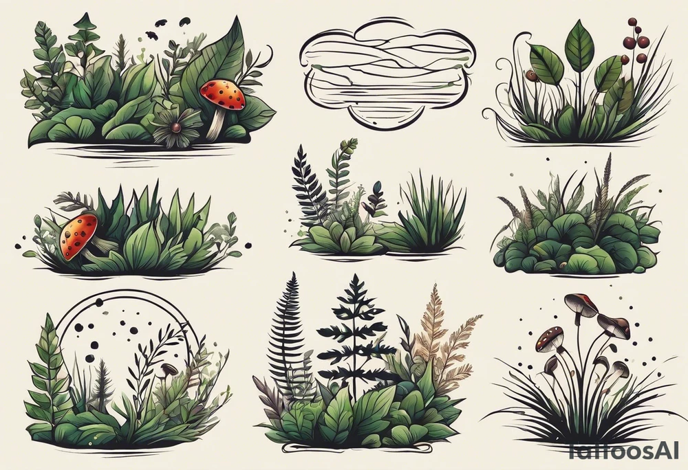 forest floor inspired minimalist tattoo, which includes grass, curly ferns, moss and dead leaves as the bulk of the tattoo. details to include: forest berries, a tiny bumblebee flying nearby, three small brown mushrooms
Generate a vertically long one tattoo idea