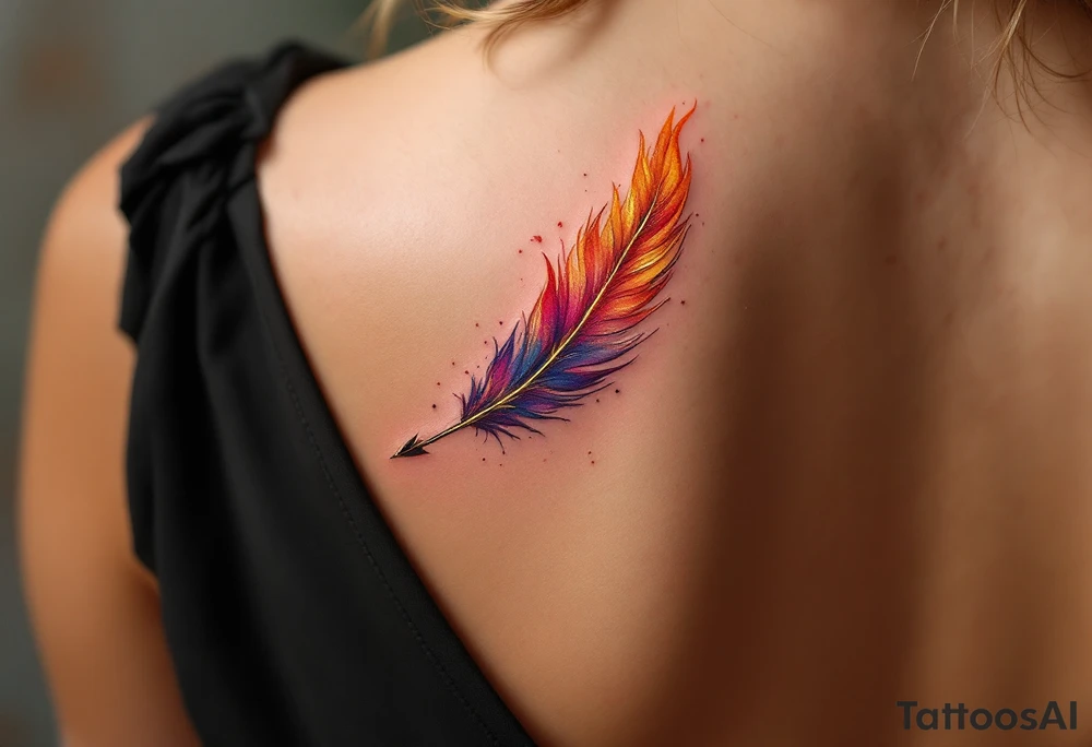 A golden arrow with a phoenix feather red and gold tail tattoo idea