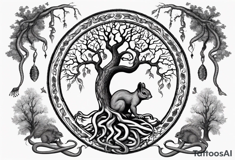 norse tree of life with a squirrel running up the side and a serpent weaving through the roots of the tree tattoo idea