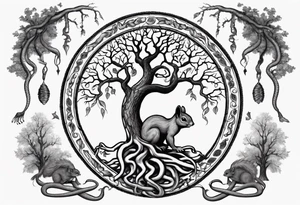 norse tree of life with a squirrel running up the side and a serpent weaving through the roots of the tree tattoo idea