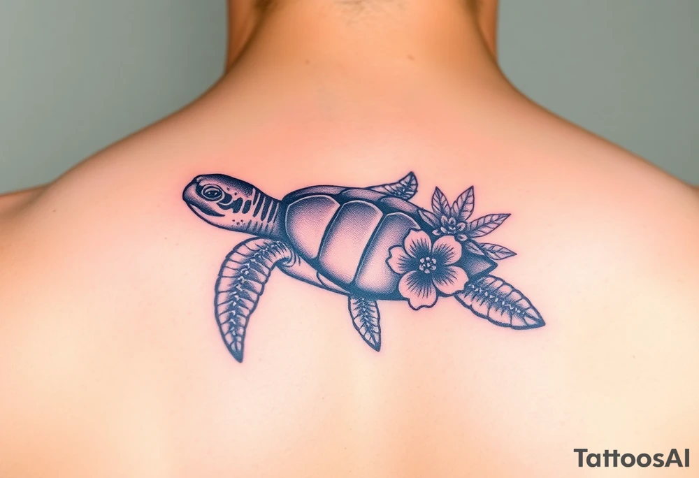 Sea turtle with Caribbean floral tattoo idea