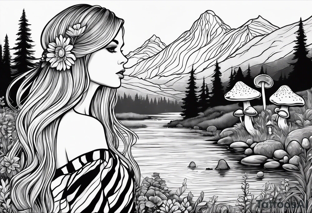 Straight long blonde hair hippie girl in distance holding mushrooms in hand facing away toward mountains and creek surrounded by mushrooms black and white striped dress tattoo idea