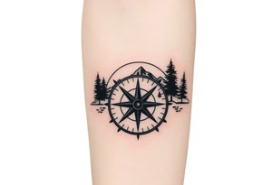 Nature including a compass as the centerpiece with mountains and trees in the background tattoo idea