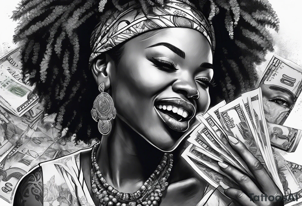african woman biting money tattoo idea