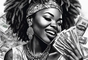 african woman biting money tattoo idea