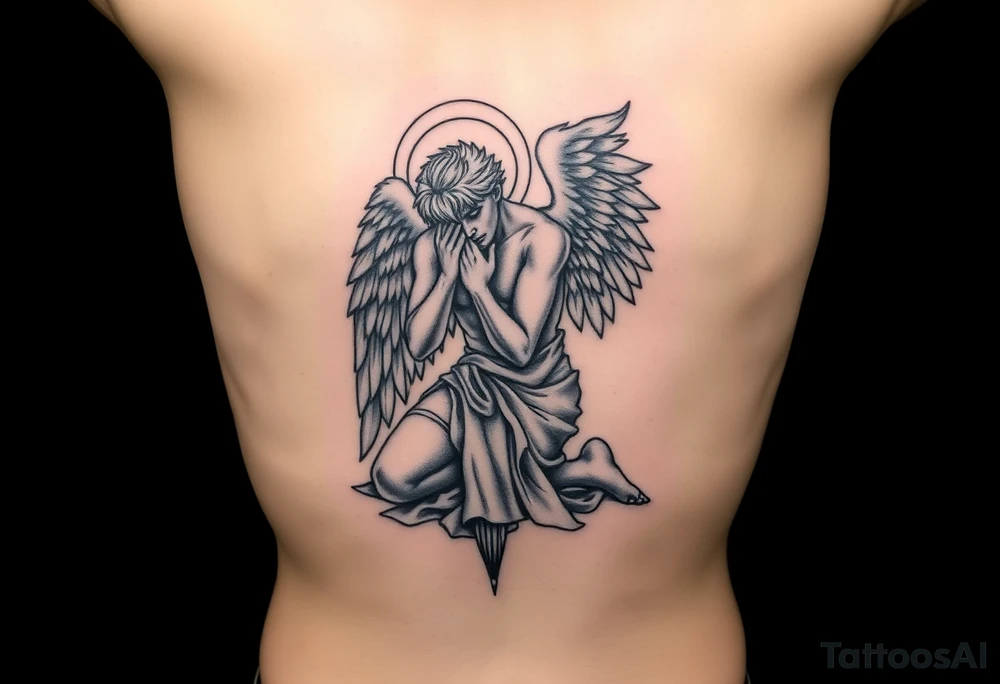 Buff Fallen angel on his knees tattoo idea