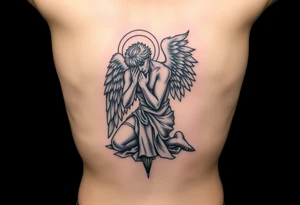 Buff Fallen angel on his knees tattoo idea