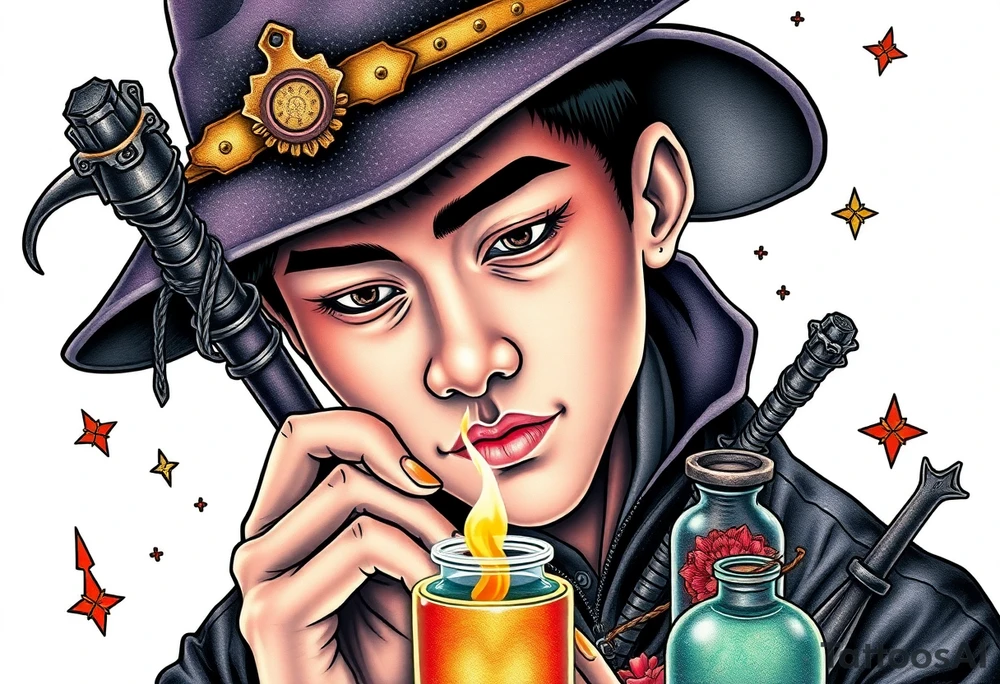 Handsome Asian young adult guy is  accidentally stumbled upon witch tools, supplies, artifacts, potions and exploring it curiously tattoo idea