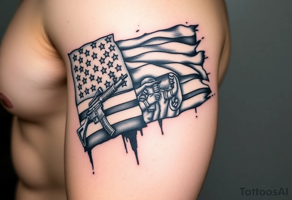 Partially torn American flag with 2 m16s and a marines saluting the flag tattoo idea
