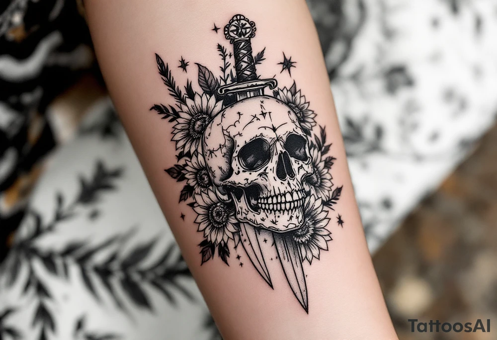 Skull, heart and dagger with roses and sunflowers tattoo idea Skull, heart and dagger with roses and sunflowers tattoo idea