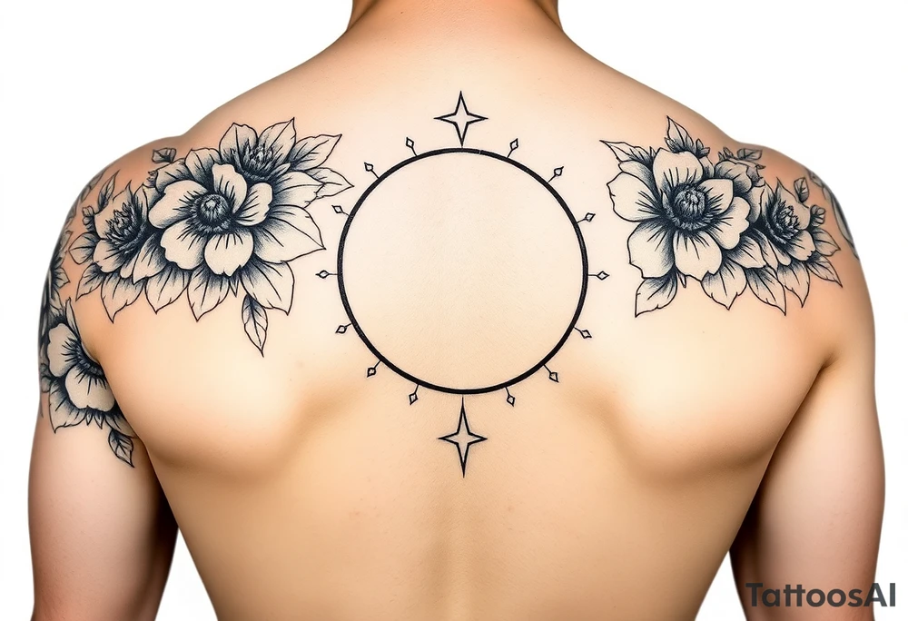 Flower sleeve surrounded by moon and star design for arm tattoo idea