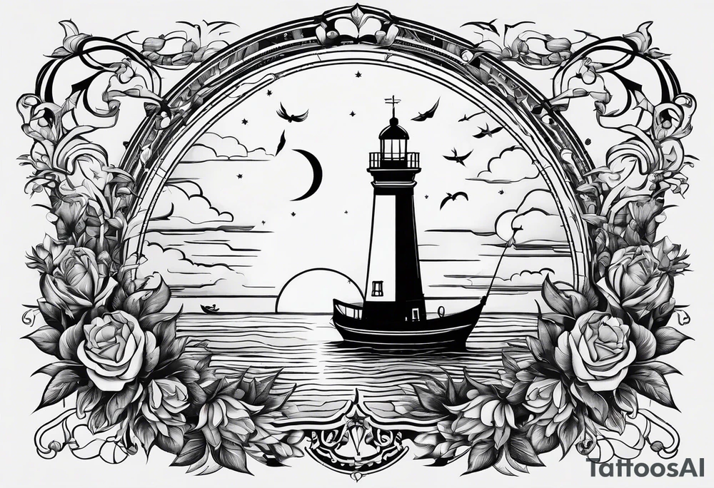 bateau, phare maritime, phoenix, rose des vents et lune bleu. tattoo idea