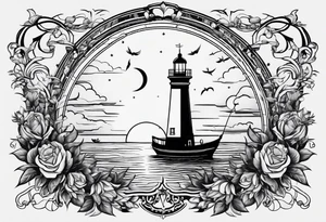 bateau, phare maritime, phoenix, rose des vents et lune bleu. tattoo idea