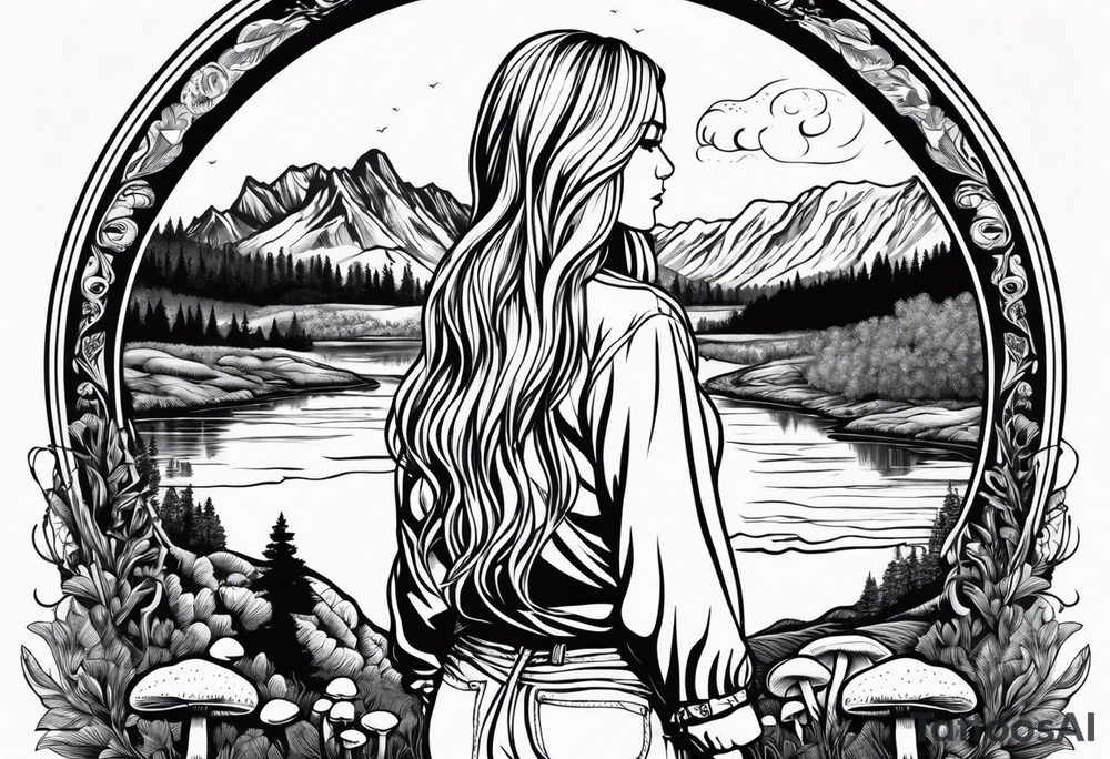 Whole picture encircled fully

Straight long blonde hair hippie girl in distance holding mushrooms in hand facing away toward mountains and creek surrounded by mushrooms long sleeve shirt and hiking pants; whole rendering within a full circle, no cut off circle tattoo idea