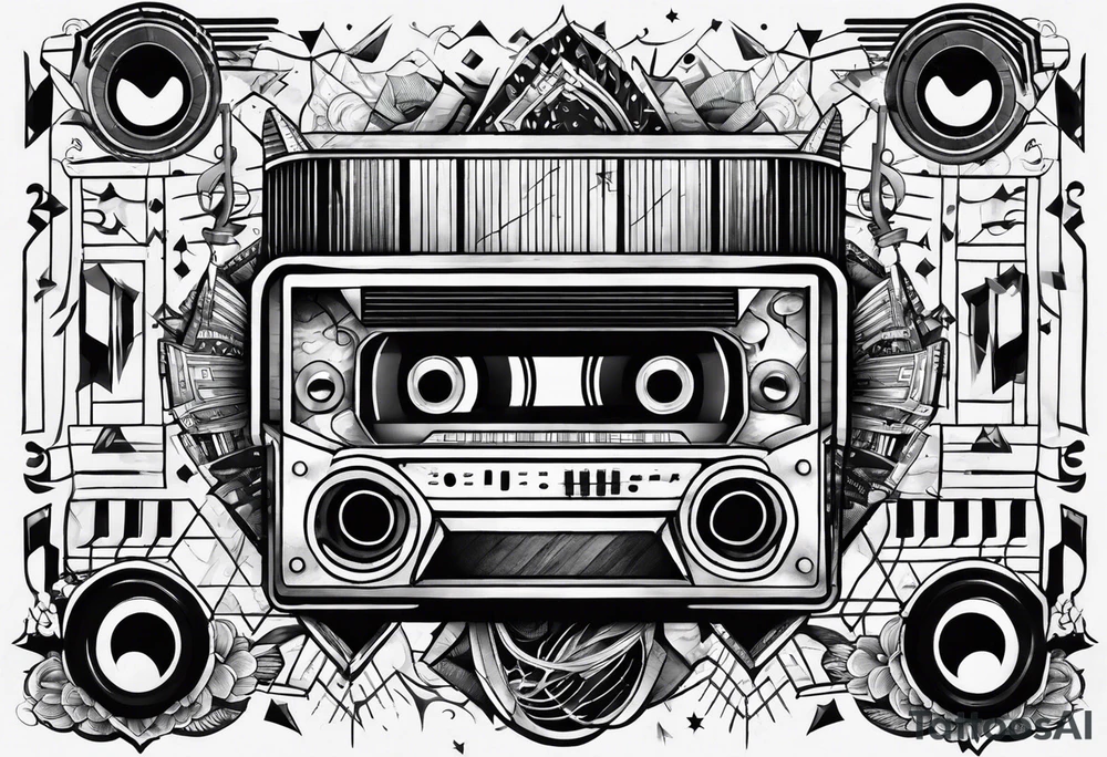 geometric tattoo with music notes, a cassette tape, and abstract instruments tattoo idea