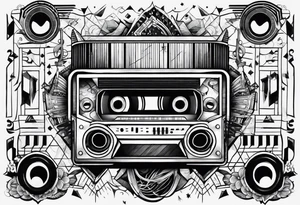 geometric tattoo with music notes, a cassette tape, and abstract instruments tattoo idea