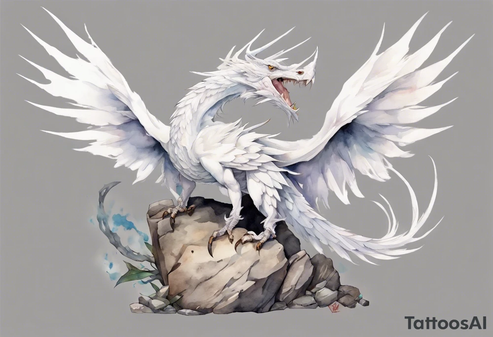 a white bird-wyvern hybrid, wearing a plain iron crown, perched on a stone tattoo idea