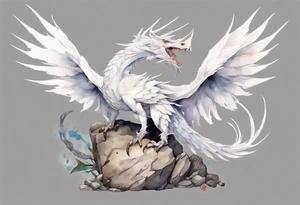 a white bird-wyvern hybrid, wearing a plain iron crown, perched on a stone tattoo idea