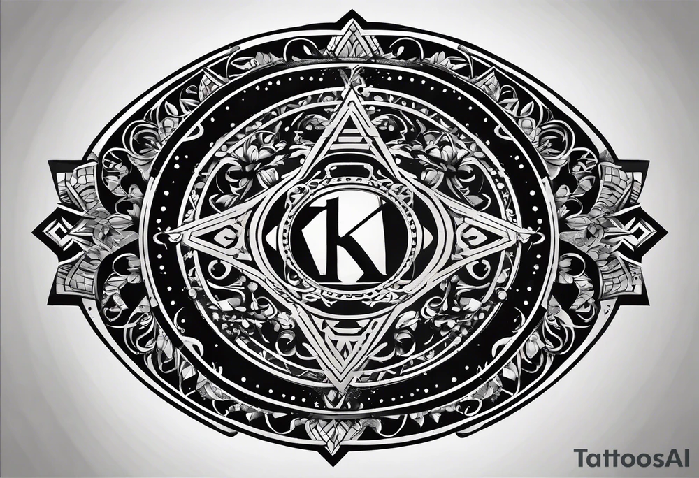 Simplistic symbol large delta inside a circle. Circle is made from chain and with small letters k sprinkled inside. tattoo idea